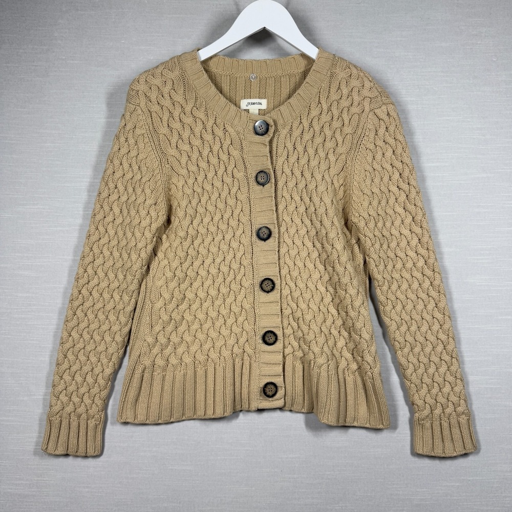 St Johns Bay Cardigan Womens Large Beige Knit Sweater Cottage Core Fisherman